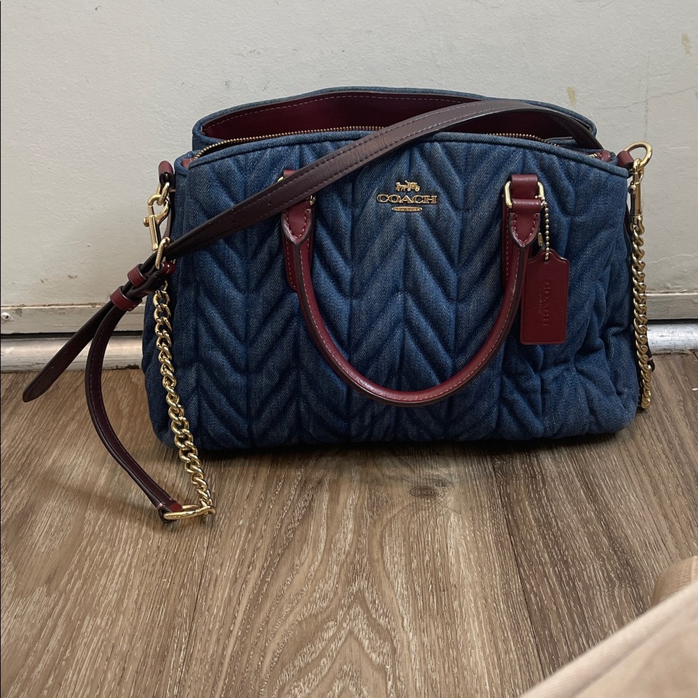 Coach Quilted Navy Denim Satchel with Burgundy Leather Trim - Picture 8 of 15